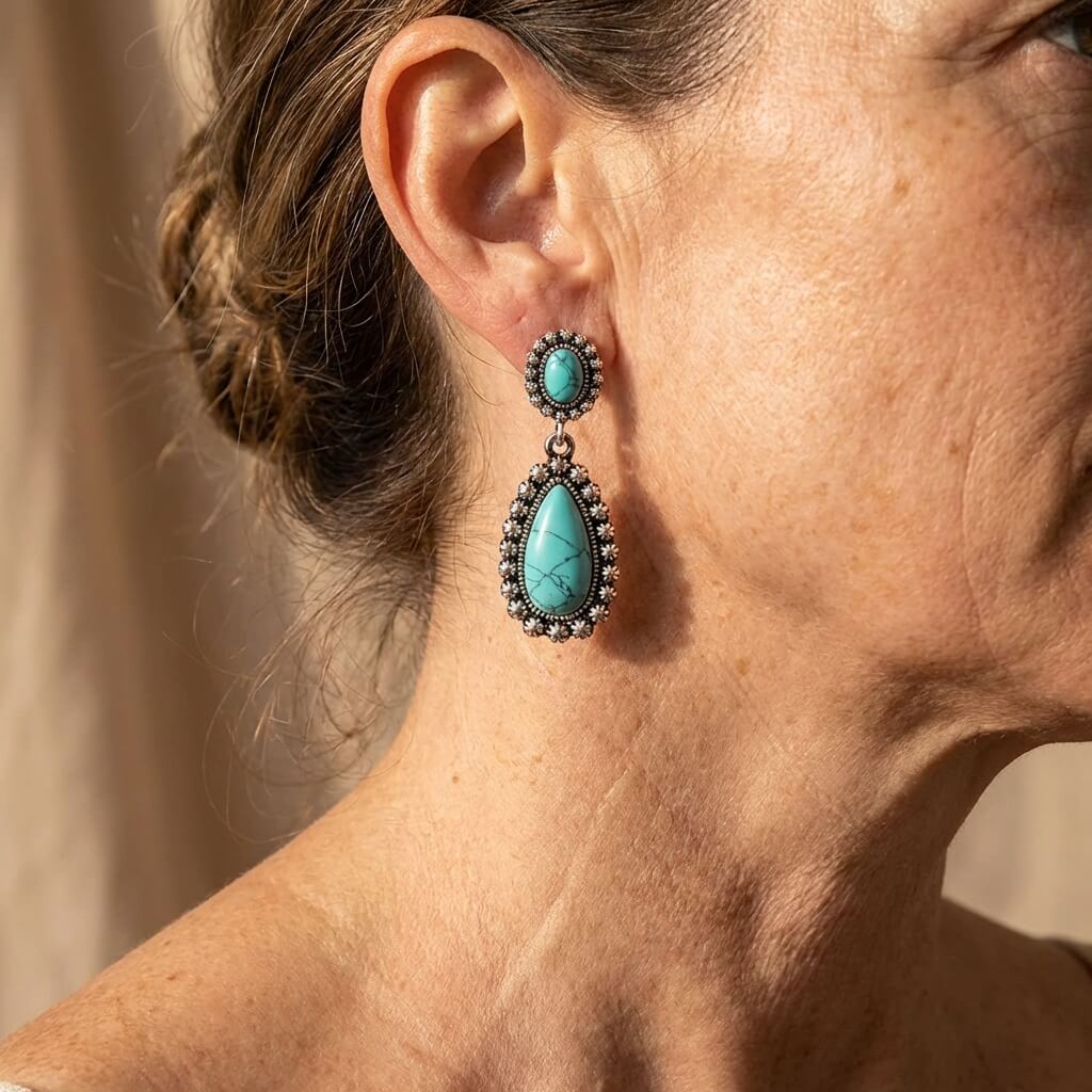 Western zilveren hangoorbellen met turquoise druppel