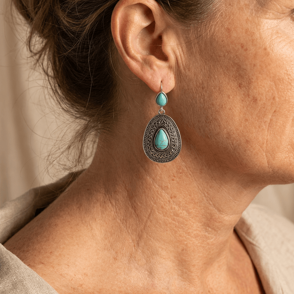 Bohemian zilveren oorbellen met turquoise druppel