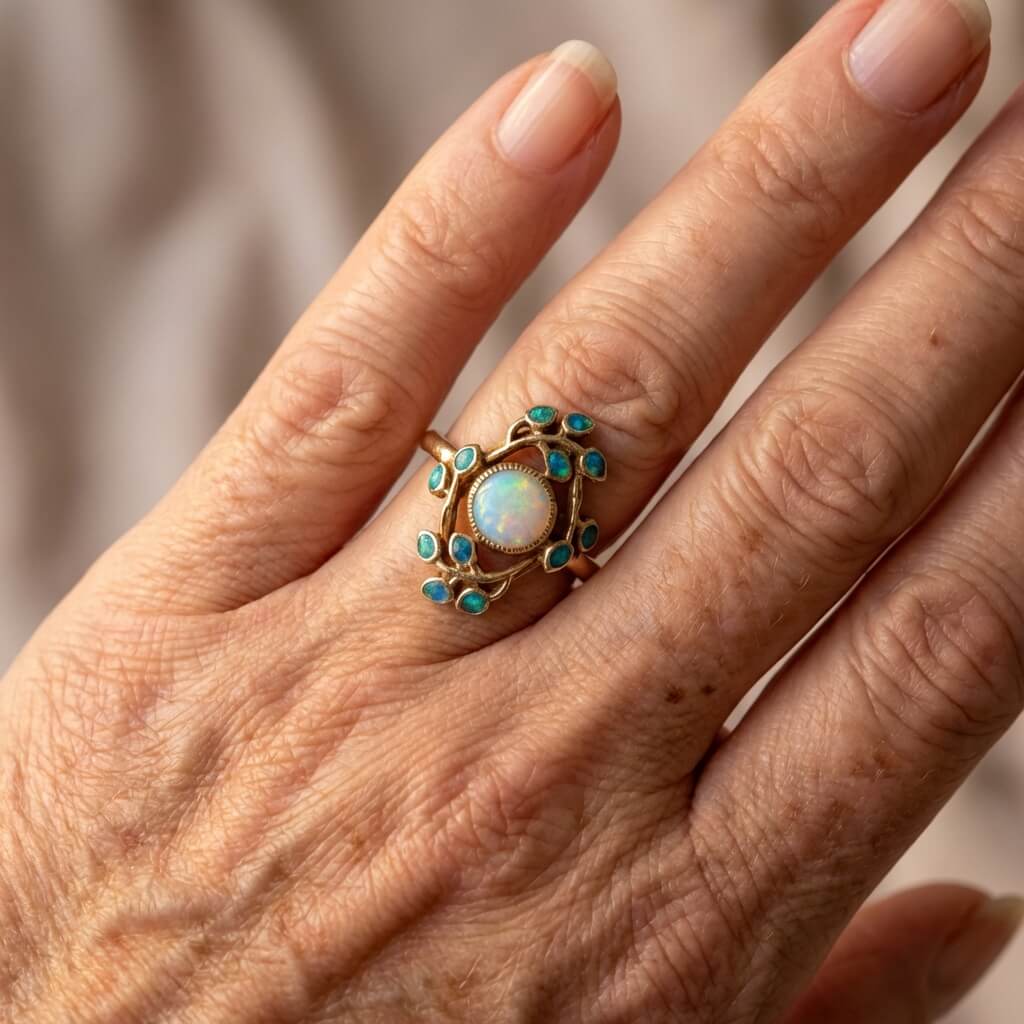 Gouden vintage ring met opaal en turquoise emaille