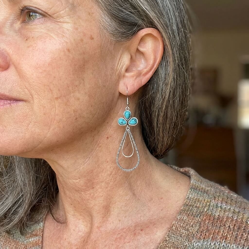 Zilveren bohemian oorbellen met turquoise druppels