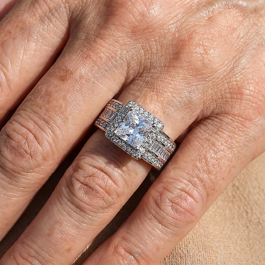 Zilveren halo ring met prinses geslepen zirkonia