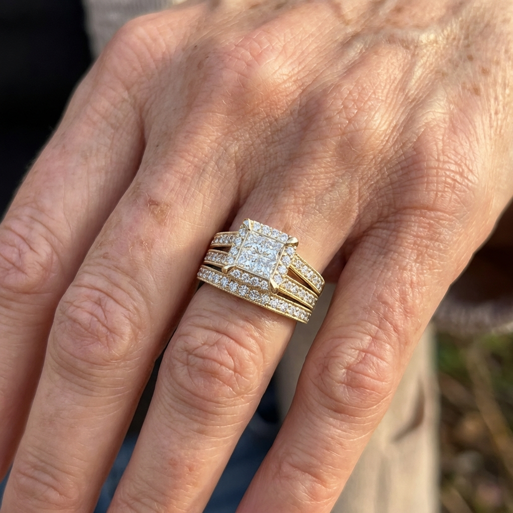 Gouden ringenset met vierkante zirkonia in halo