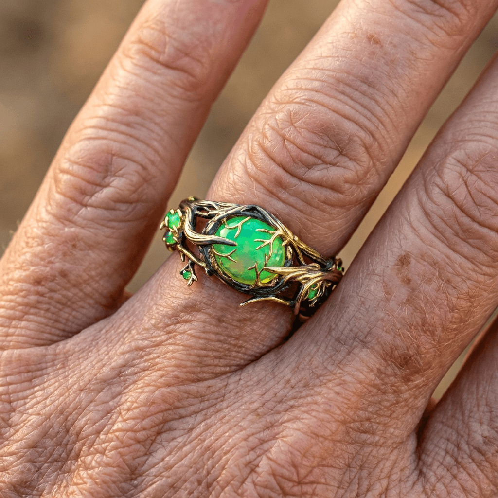 Gouden ring met groene opaal en takjesmotief