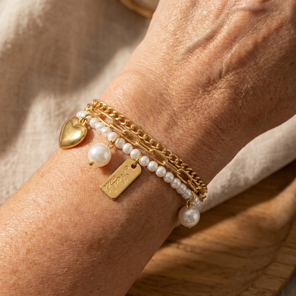 Gouden armband met parels en harthanger