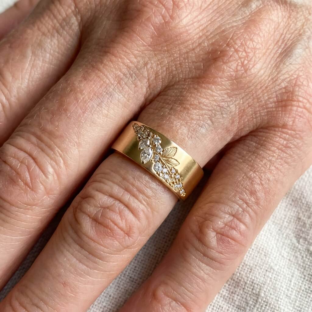Brede gouden ring met zirkonia bladmotief