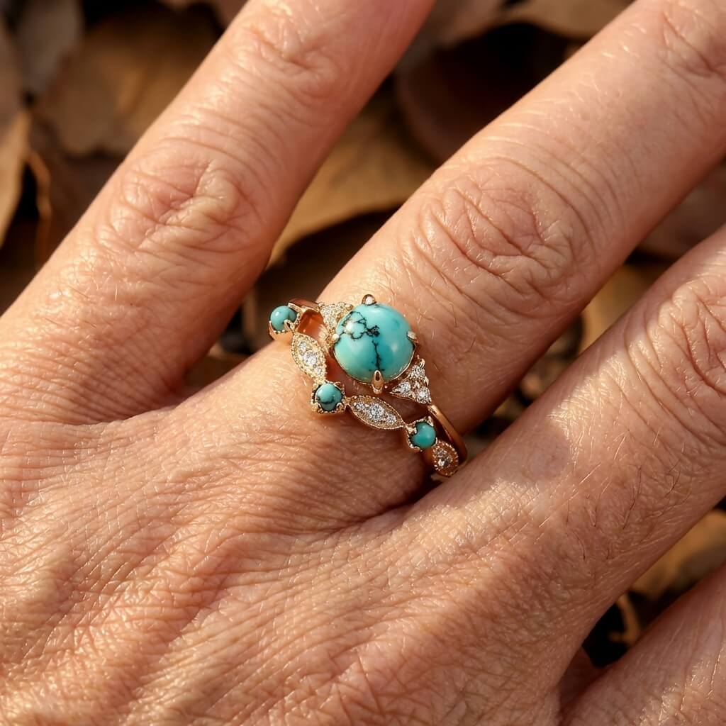 Gouden vintage ring met turquoise bloemmotief