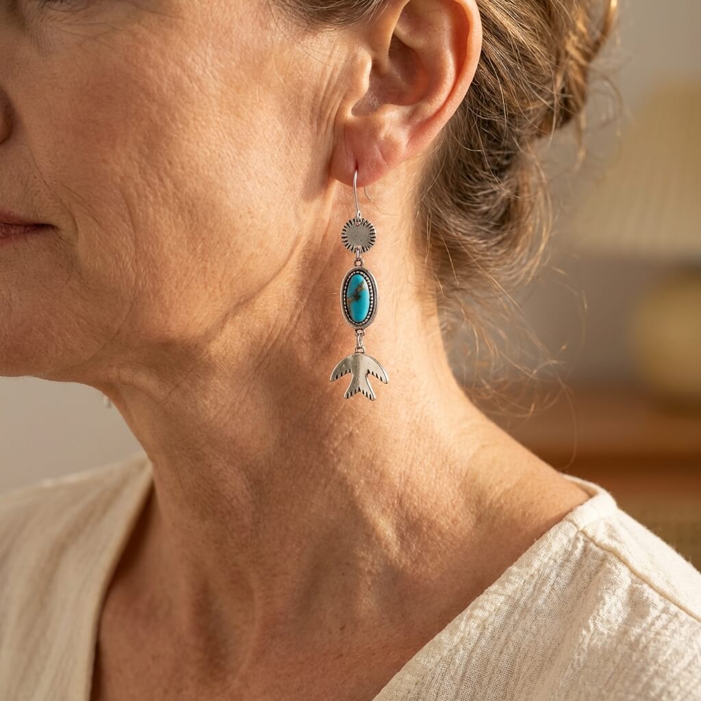 Zilveren oorbellen met ovale turquoise en vogelhanger