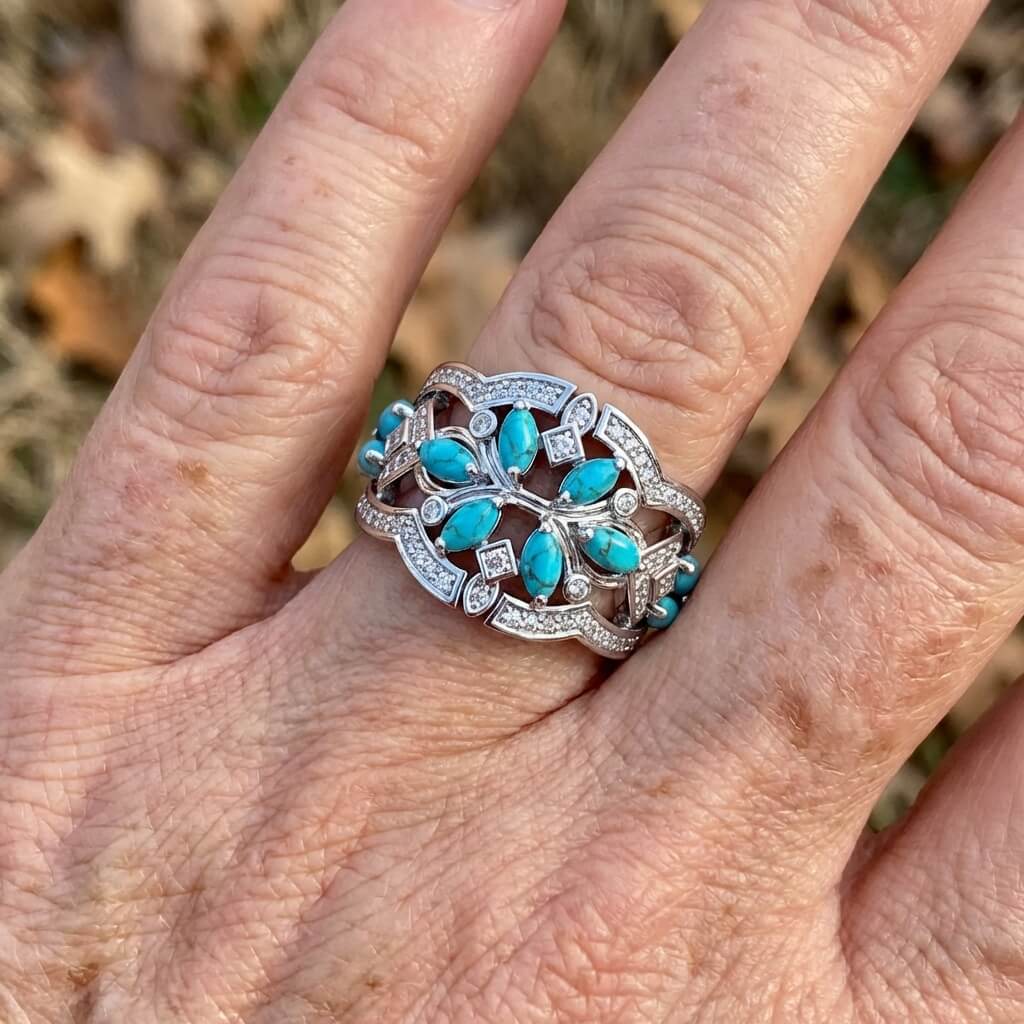 Zilveren statement ring met turquoise en kristal