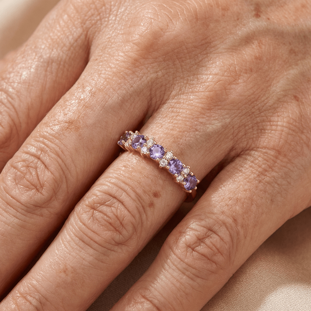 Roségouden ring met paarse en witte zirkonia