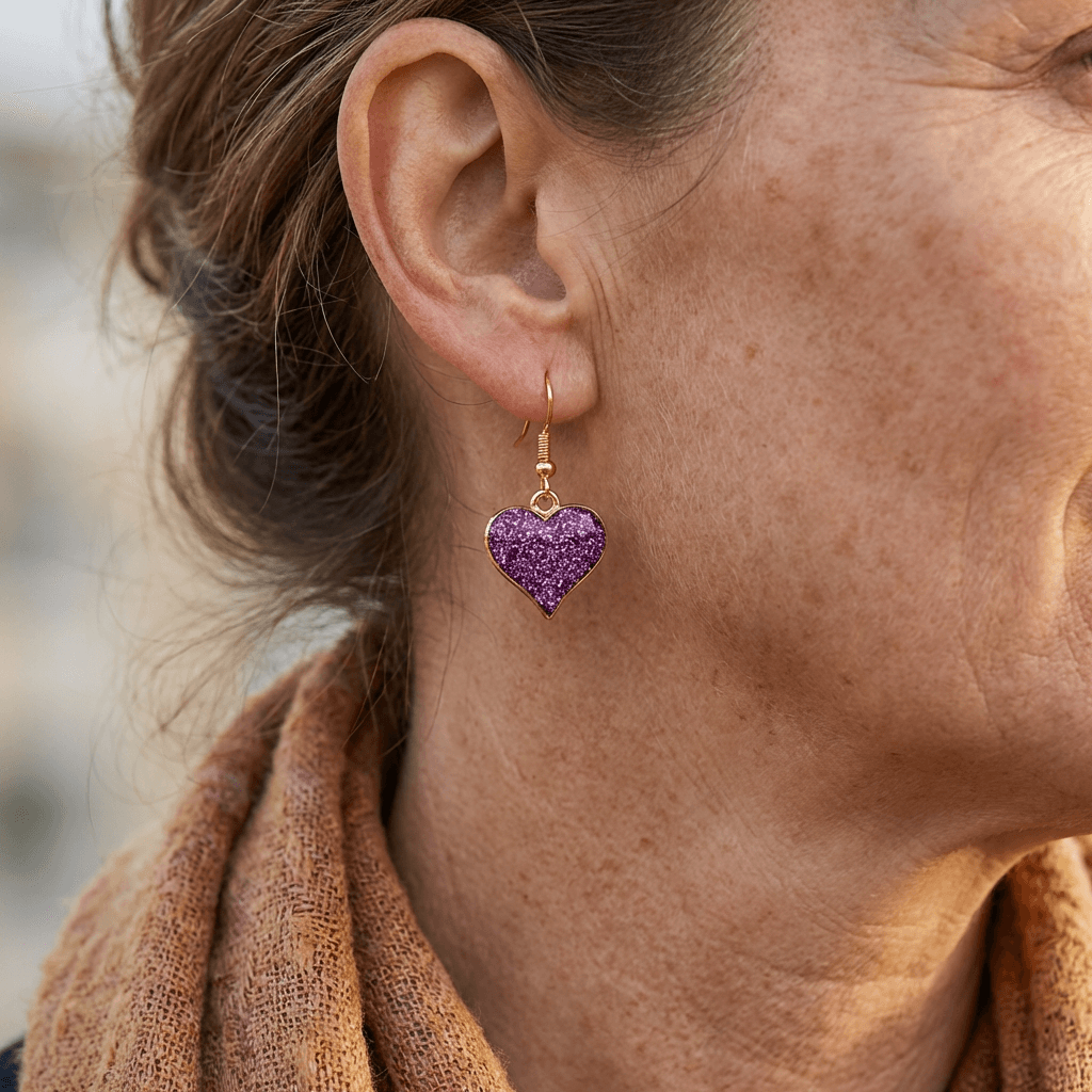 Gouden oorbellen met paars glitterhart