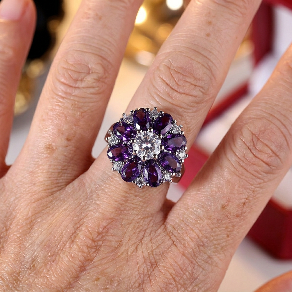 Zilveren ring met paarse en witte zirkonia bloem