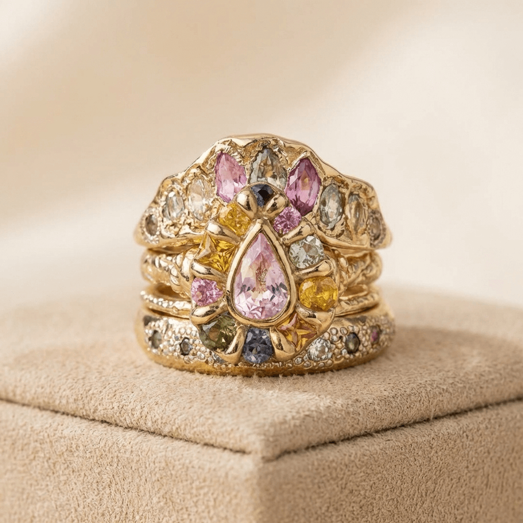 Gouden gestapelde ring met roze en kleurrijke stenen