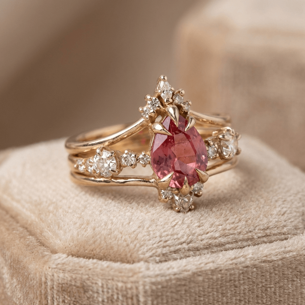Gouden ring met roze druppelsteen en V-band