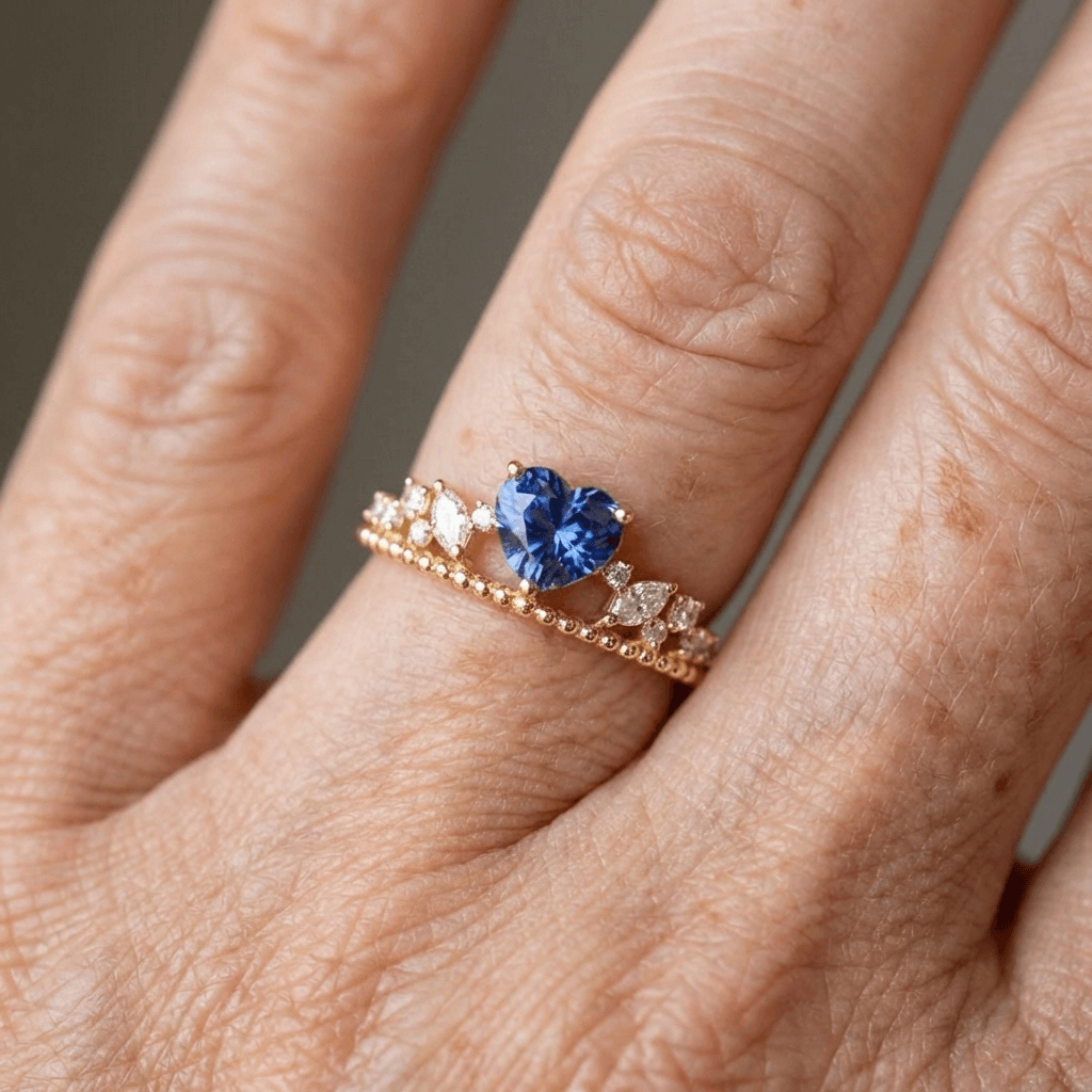 Gouden ring met blauwe ovale steen en tiaramotief
