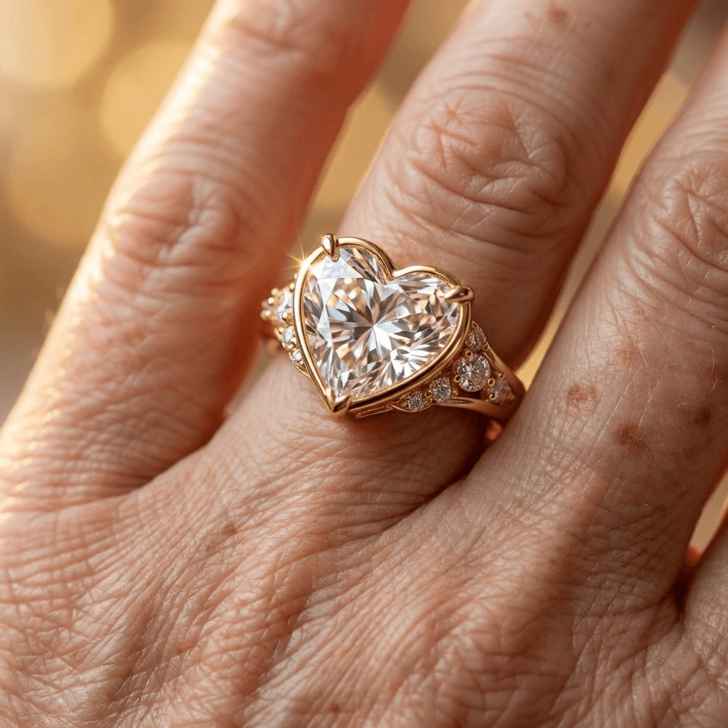 Gouden ring met hartvormige edelsteen en halo
