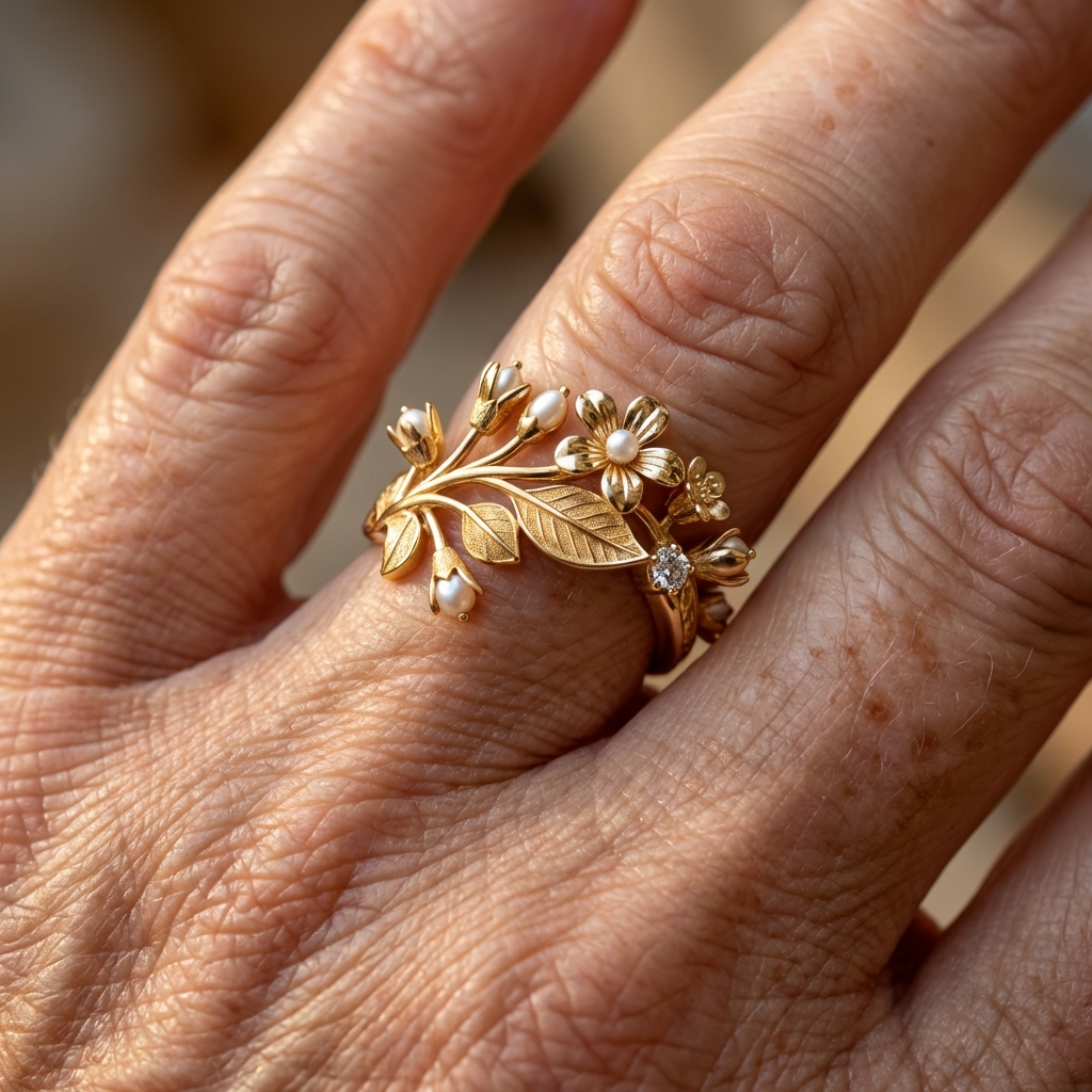Gouden bloemenring met parels
