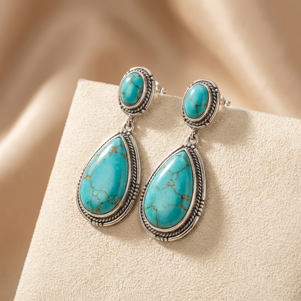Zilveren turquoise sieradenset met ketting en oorbellen