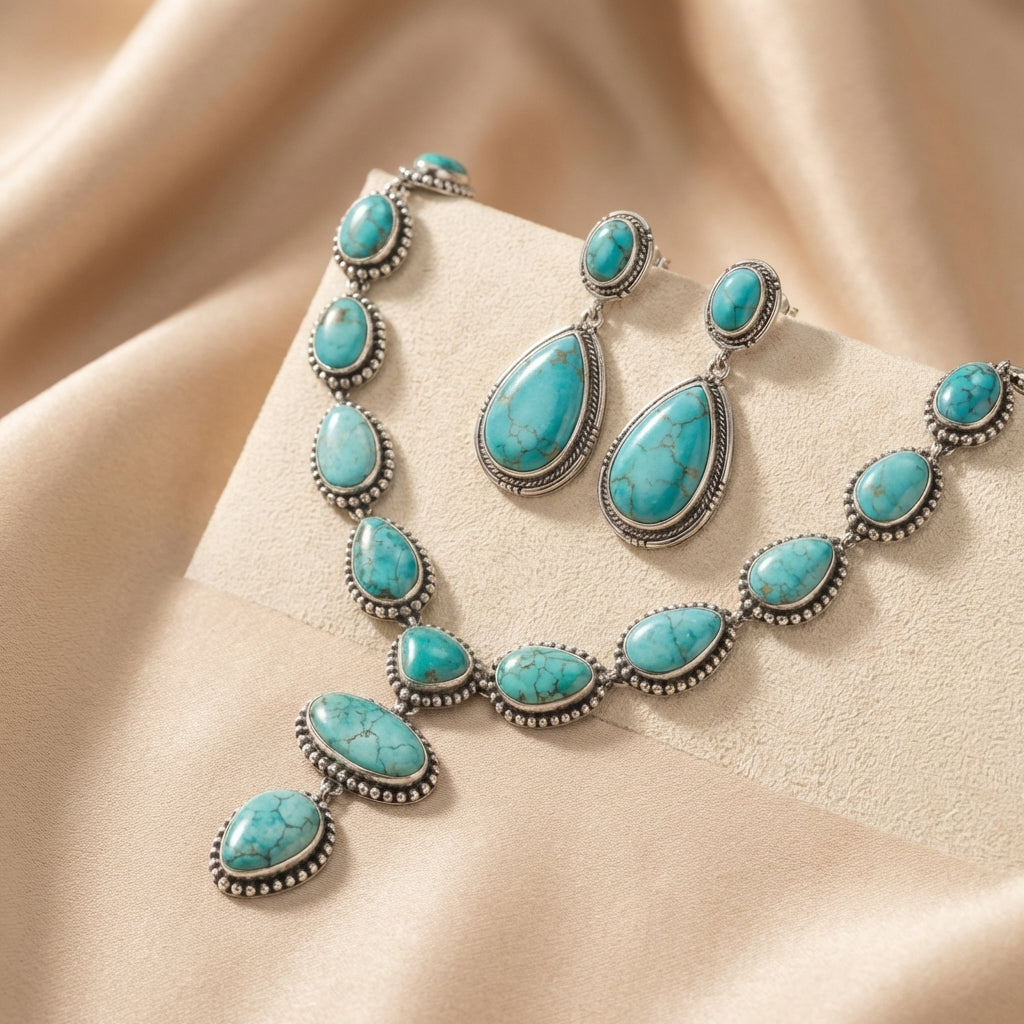 Zilveren turquoise sieradenset met ketting en oorbellen
