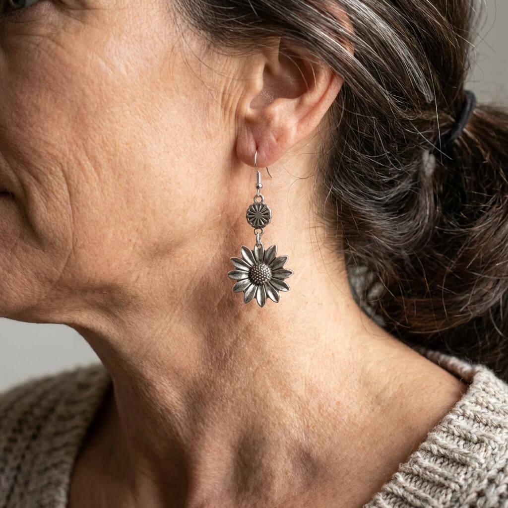 Zilveren bohemian oorbellen met zonnebloem