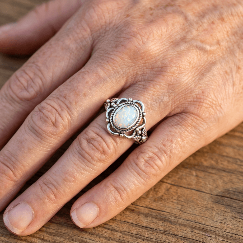 Zilveren bohemian opaalring met sierlijke zetting