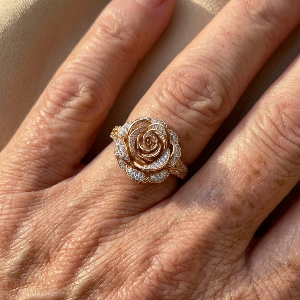 Roségouden ring met roosbloem en zirkonia