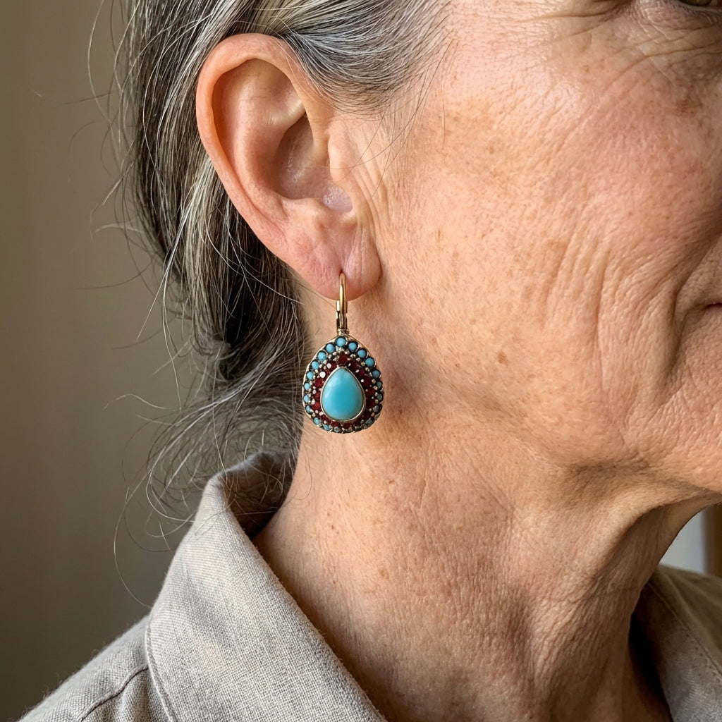 Bohemian bronzen oorbellen met turkoois en rode strass