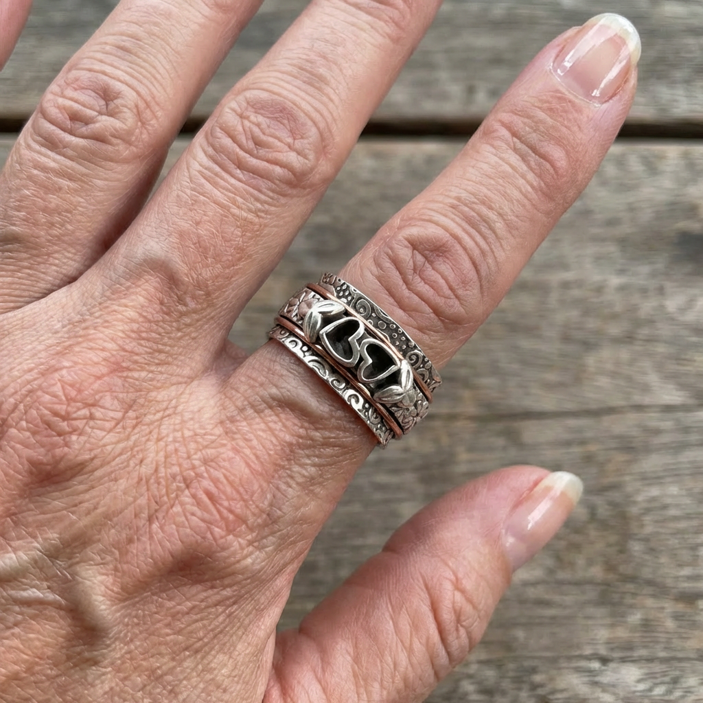 Zilveren spinner ring met hartjes en bloemen