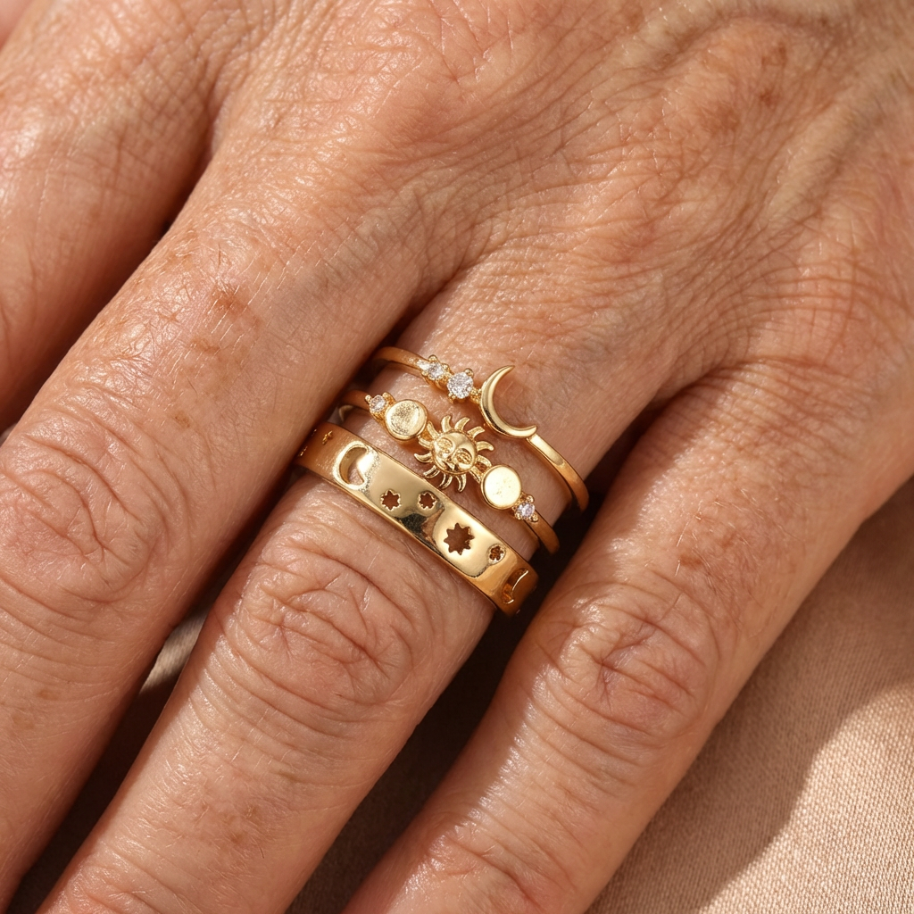 Gouden ringenset met zon, maan en sterren