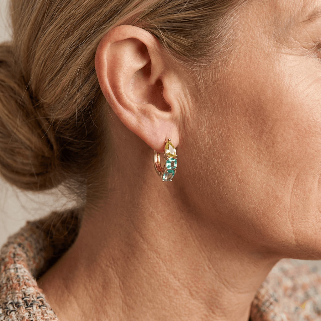 Gouden oorbellen met gele en blauwgroene edelstenen