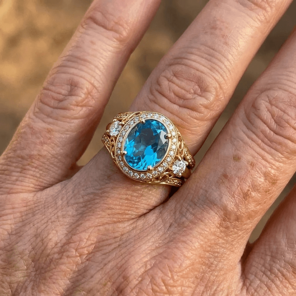 Gouden vintage ring met blauwe ovale edelsteen