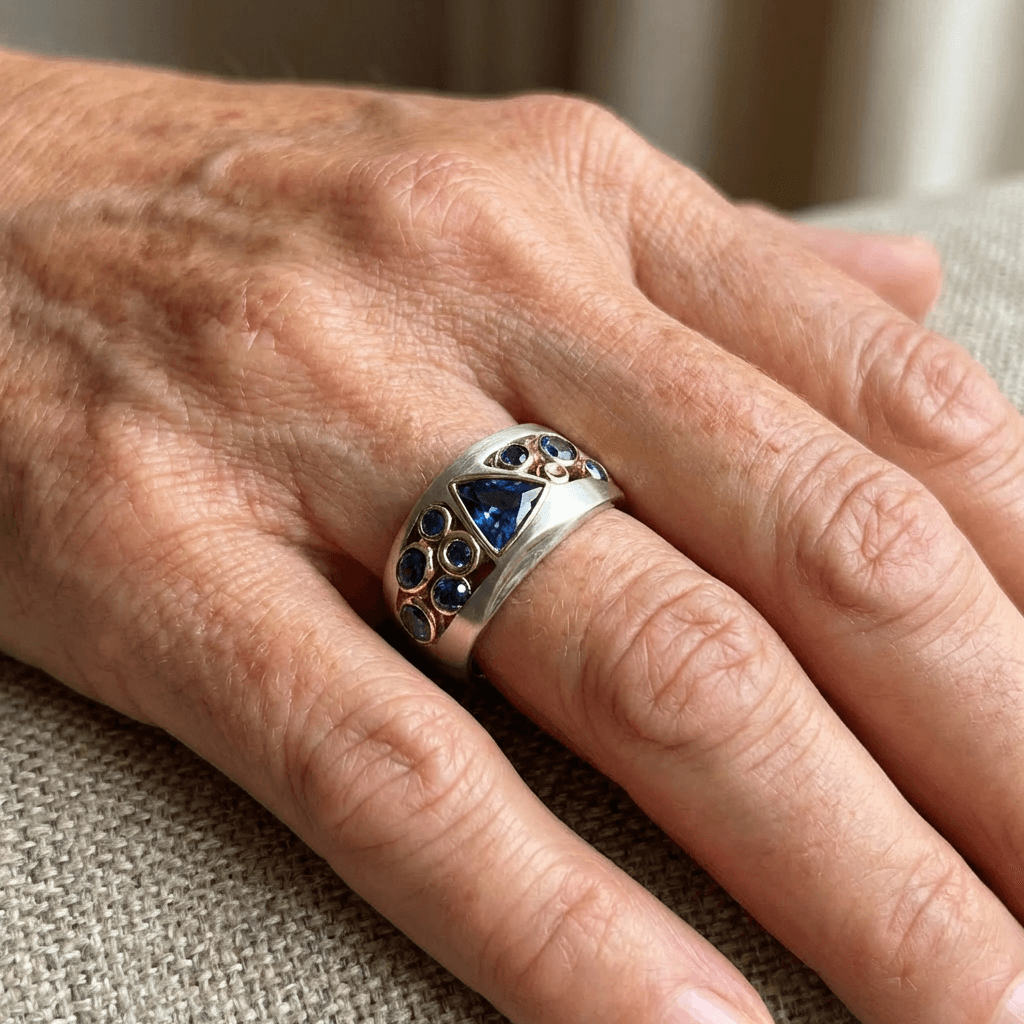 Tweekleurige ring met blauwe edelstenen