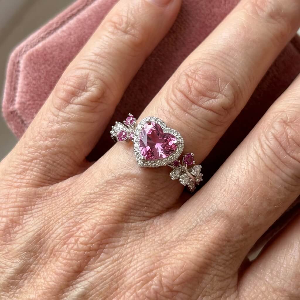 Zilveren ring met roze hart en kristal