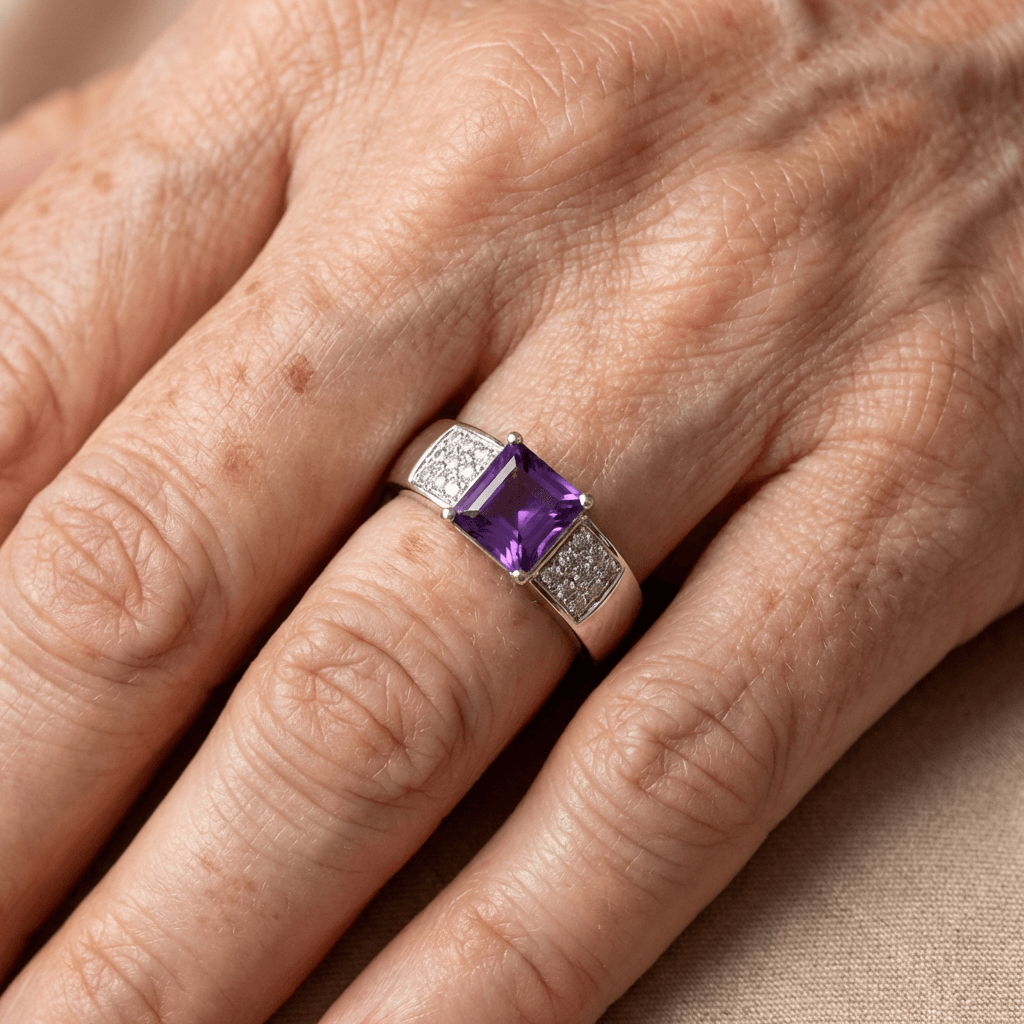 Zilveren ring met paarse rechthoekige steen en zirkonia