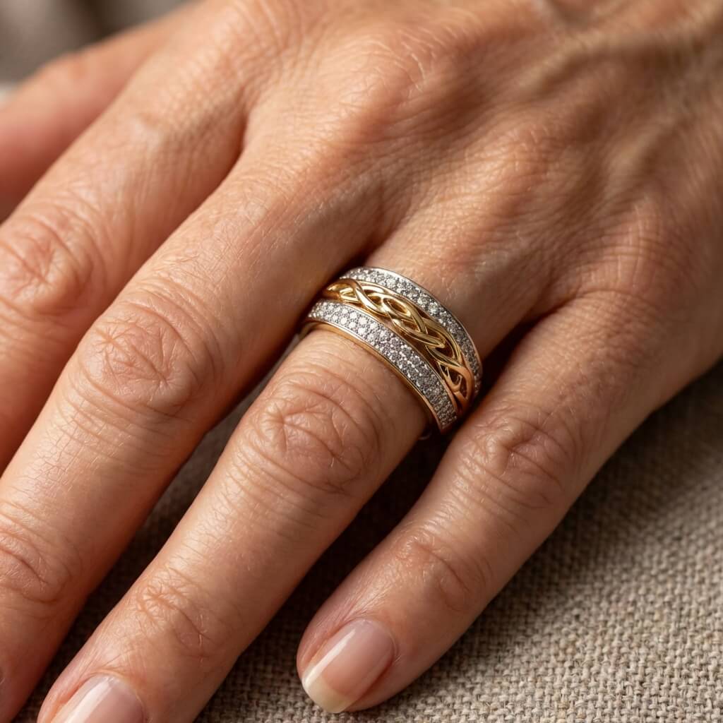Tweekleurige ring in goud en zilver met zirkonia en vlechtmotief