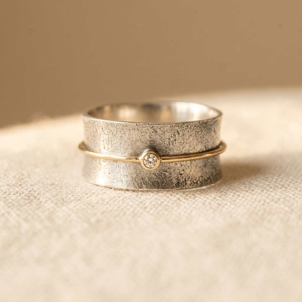 Zilveren brede ring met gouden draad en diamantje