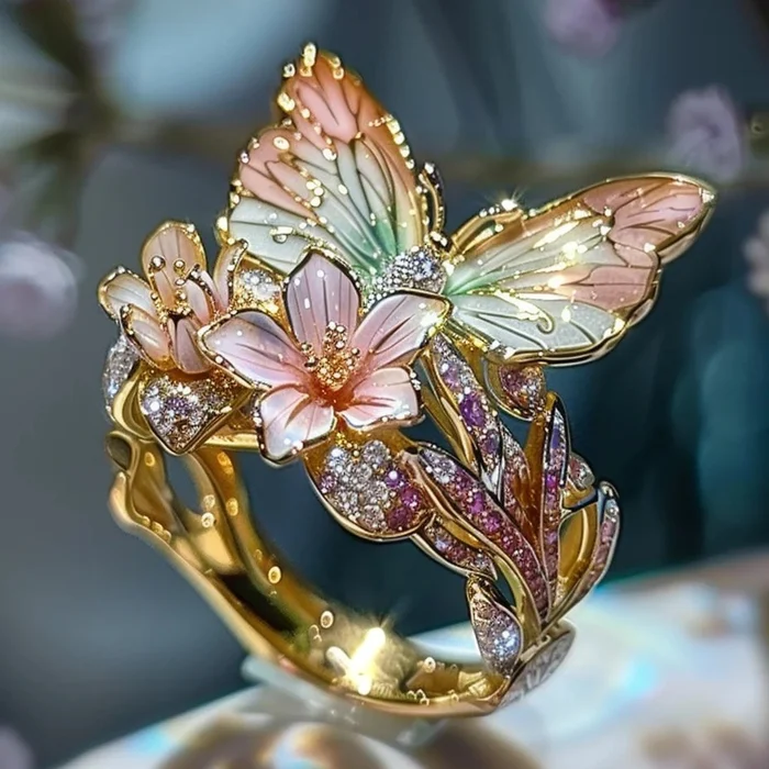Gouden vintage ring met vlinder en bloemen