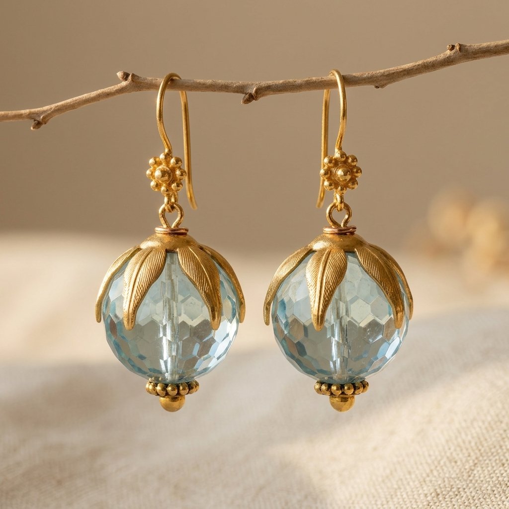 Gouden vintage oorbellen met aquablauwe glaskraal