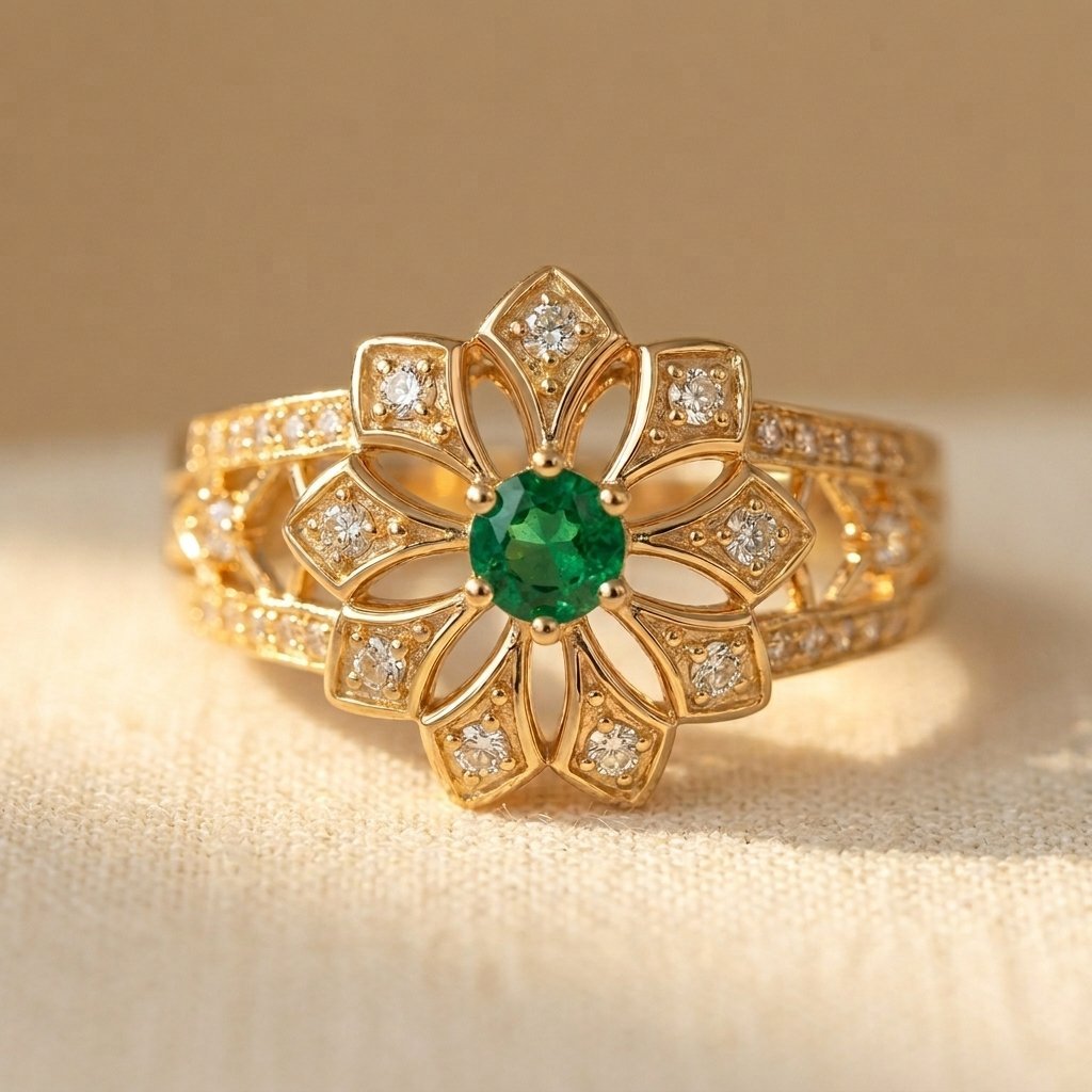 Gouden vintage bloemring met groene edelsteen