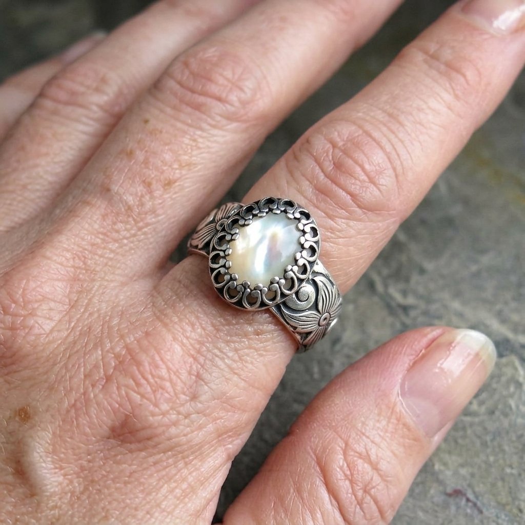 Zilveren vintage ring met parelmoer