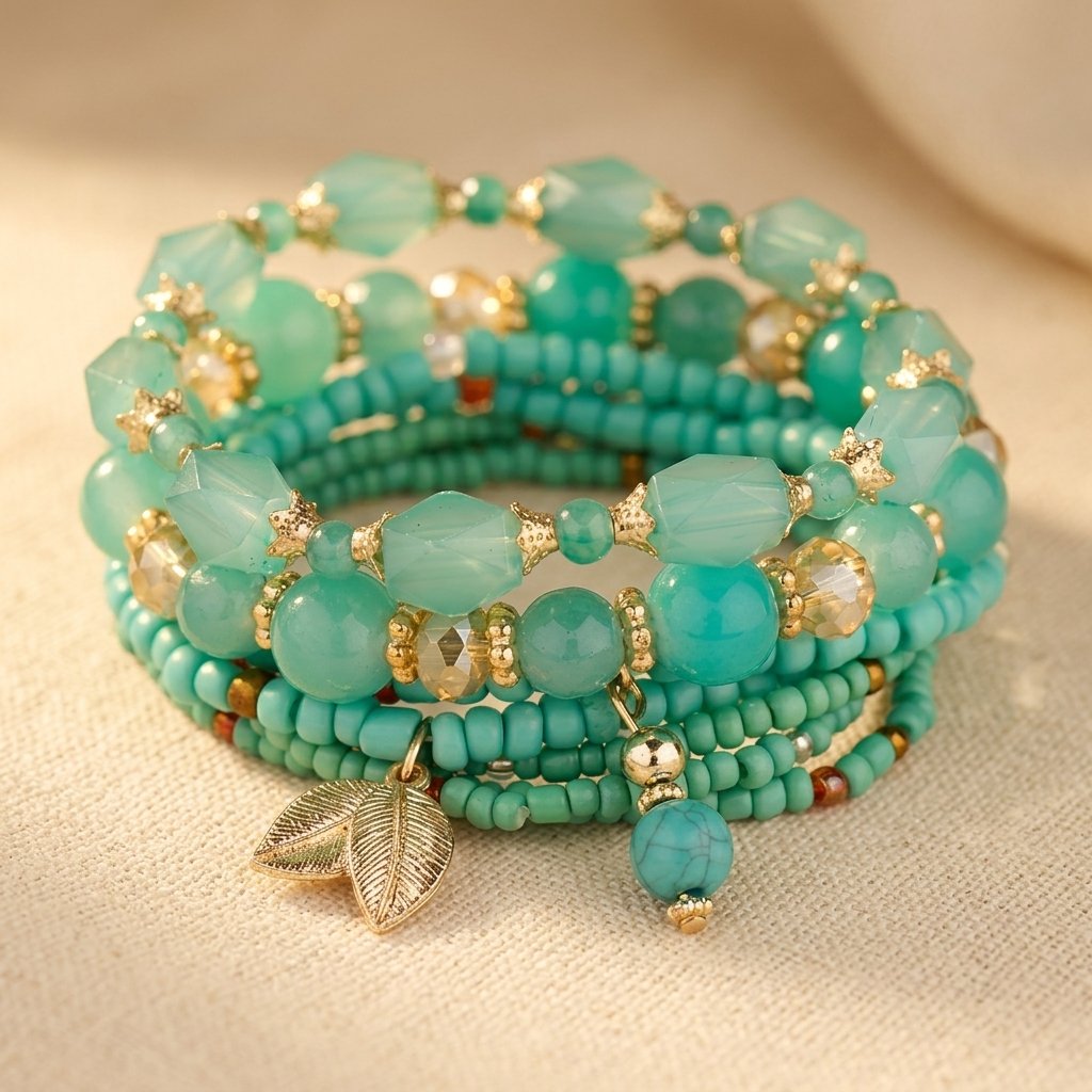 Bohemian wikkelarmband met turquoise kralen en blad