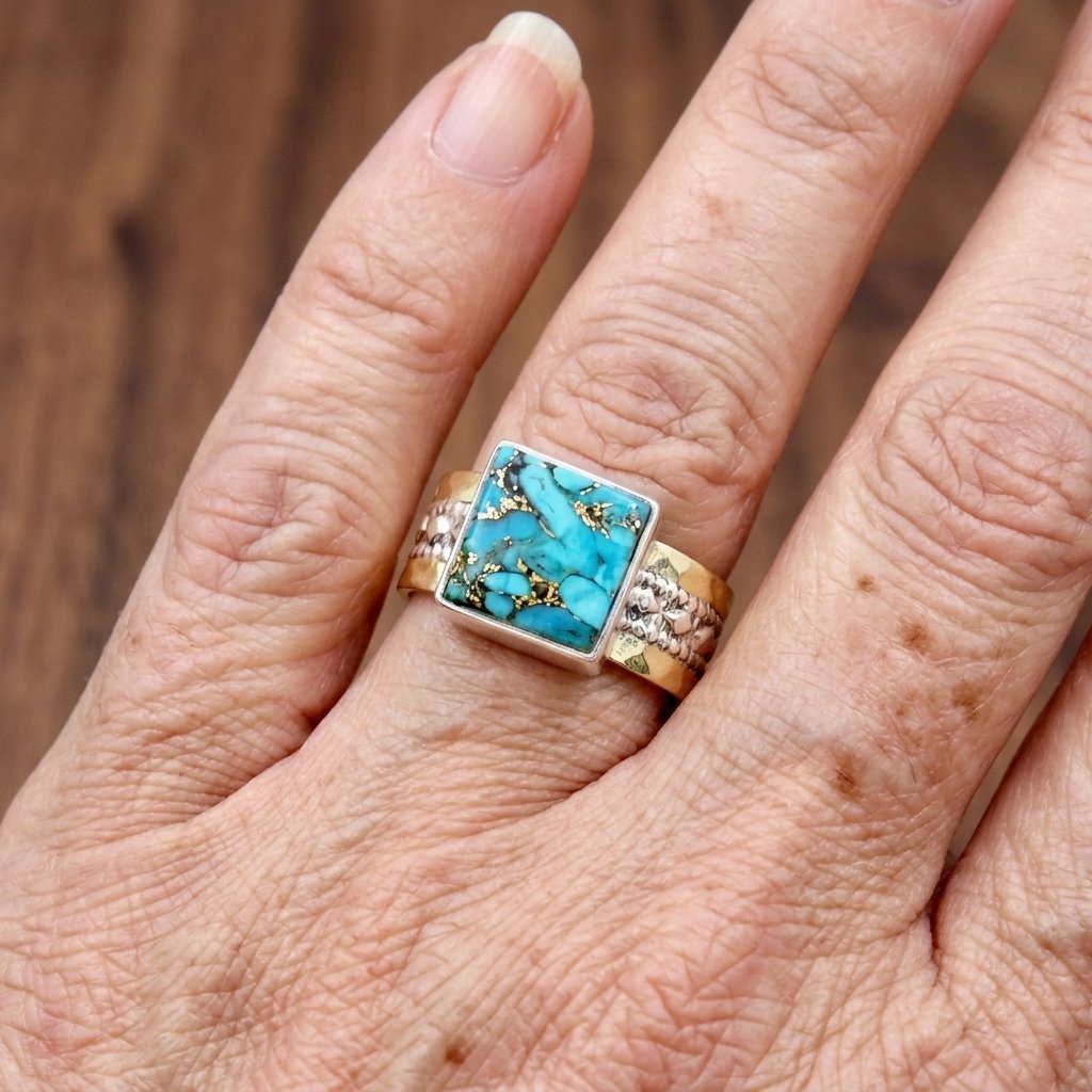 Zilveren brede ring met vierkant turkoois