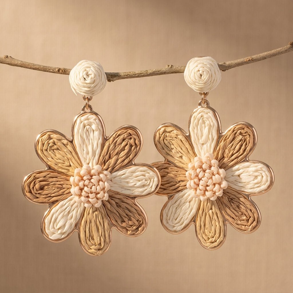 Bohemian oorbellen met geweven raffia bloem