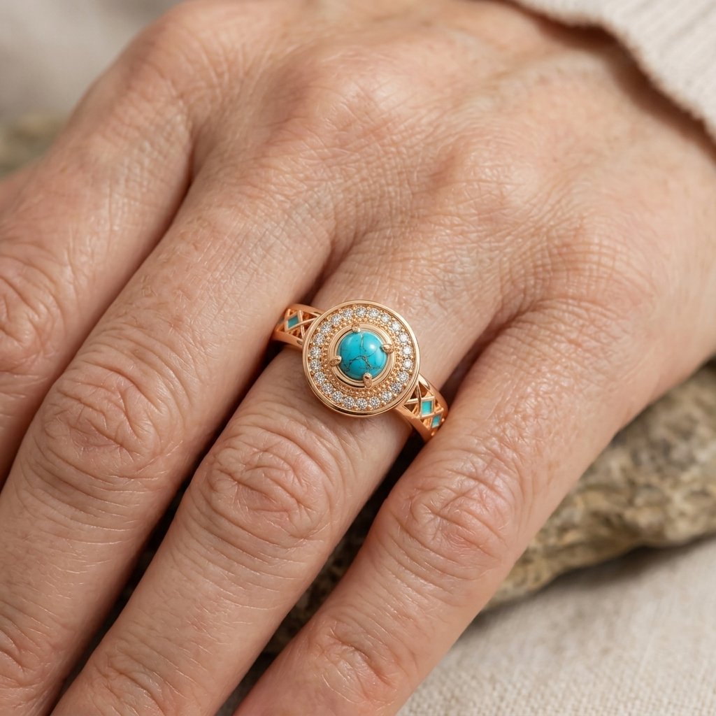 Roségouden ring met turkoois en zirkonia halo