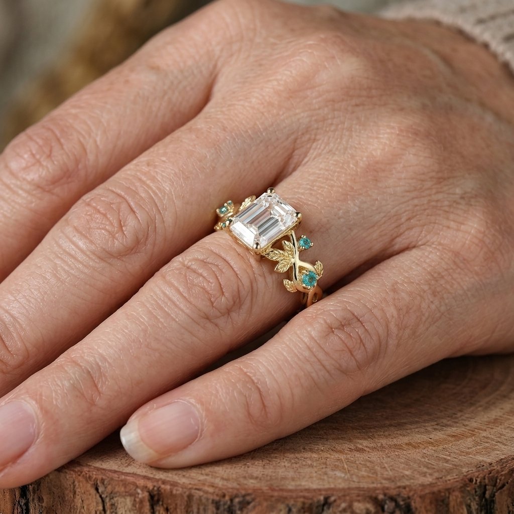 Gouden ring met grote witte steen en bladmotief