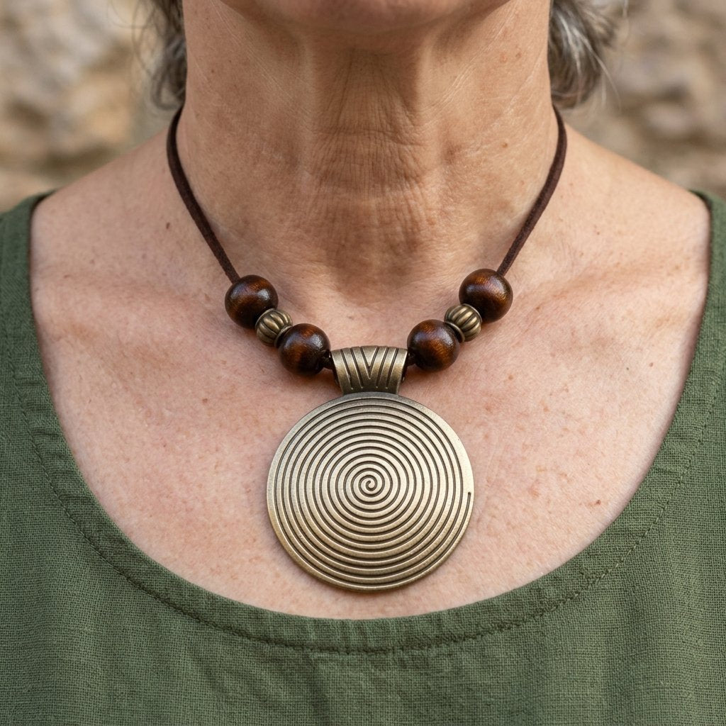 Bohemian ketting met bronzen spiraalhanger en kralen