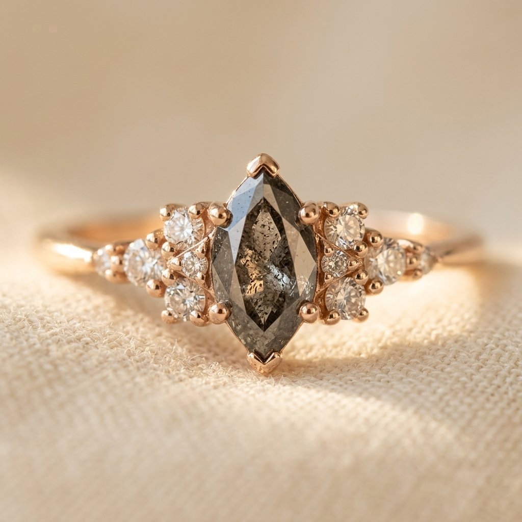 Roségoud ring met marquise salt-and-pepper steen
