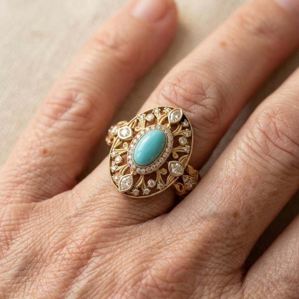 Gouden vintage ring met turquoise en zirkonia