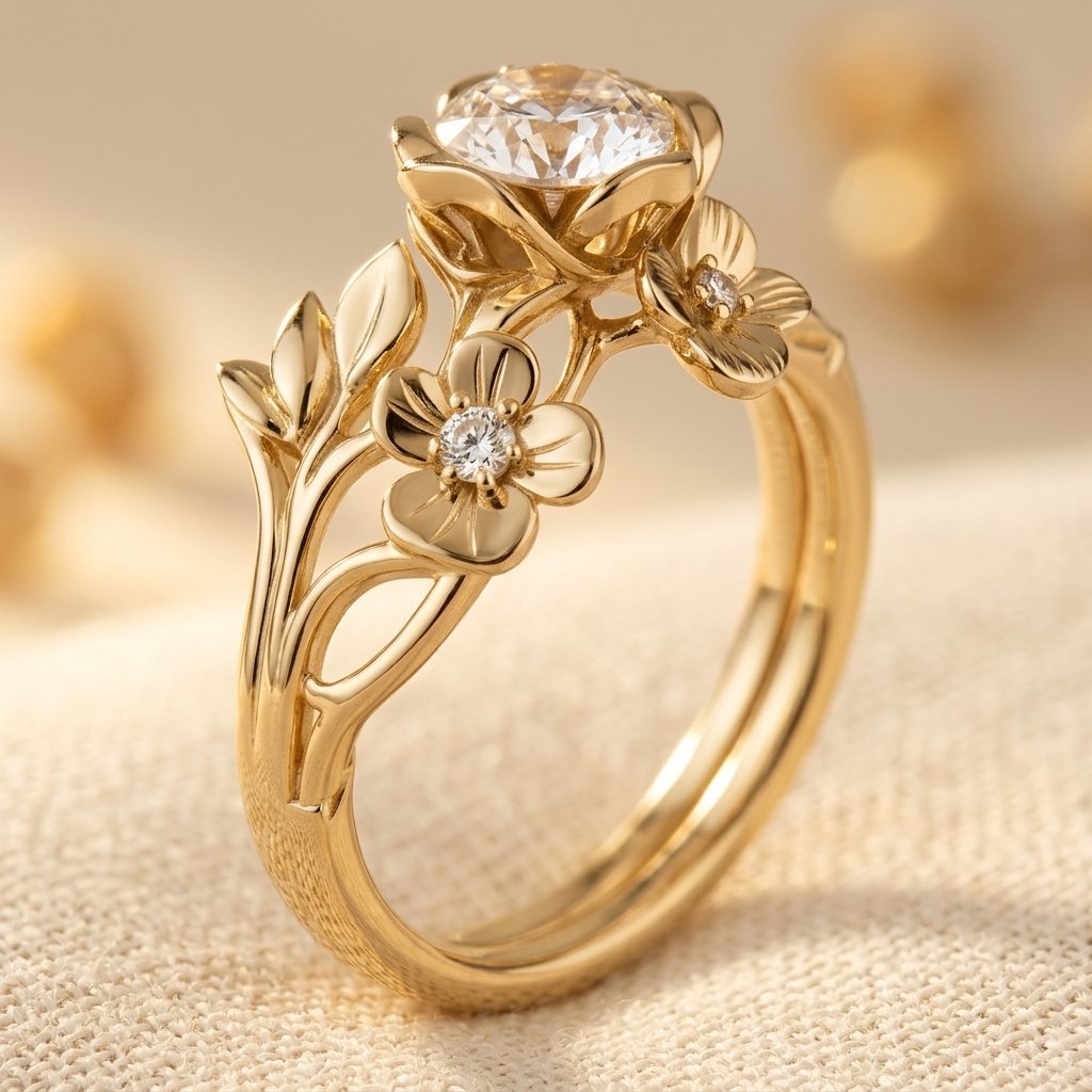Gouden bloemenring met ronde zirkonia