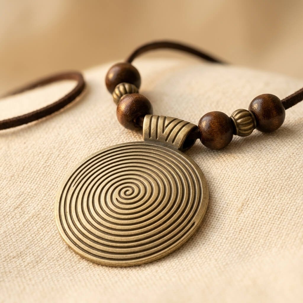 Bohemian ketting met bronzen spiraalhanger en kralen
