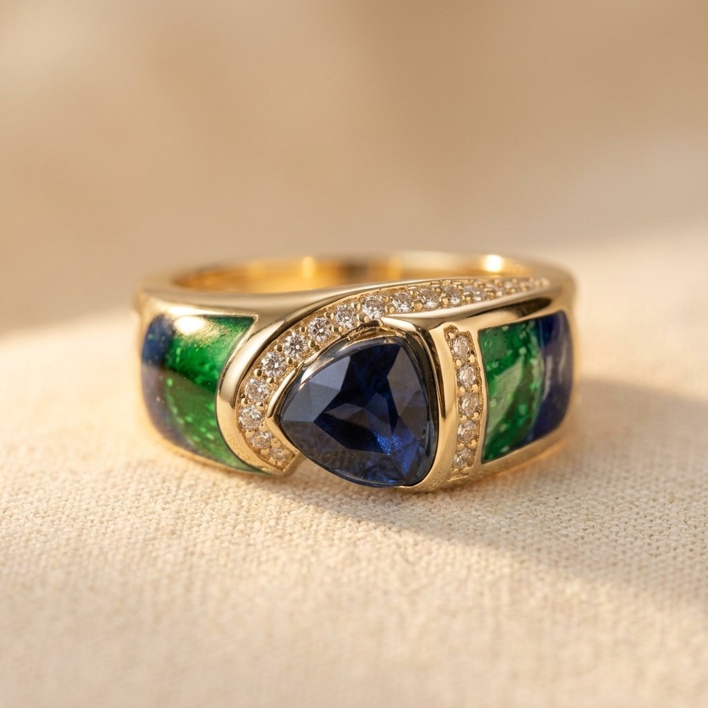 Gouden ring met blauwe steen en groen email